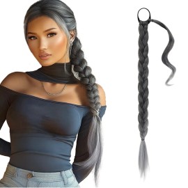 BARSDAR 26 Inch Long Braided Ponytail Extension with Hair Tie - Straight Sleek Wrap Around Ombre Grey Braided Ponytail Hair Extensions - Synthetic Pony Tails Hairpieces for Women - Black Ombre Grey