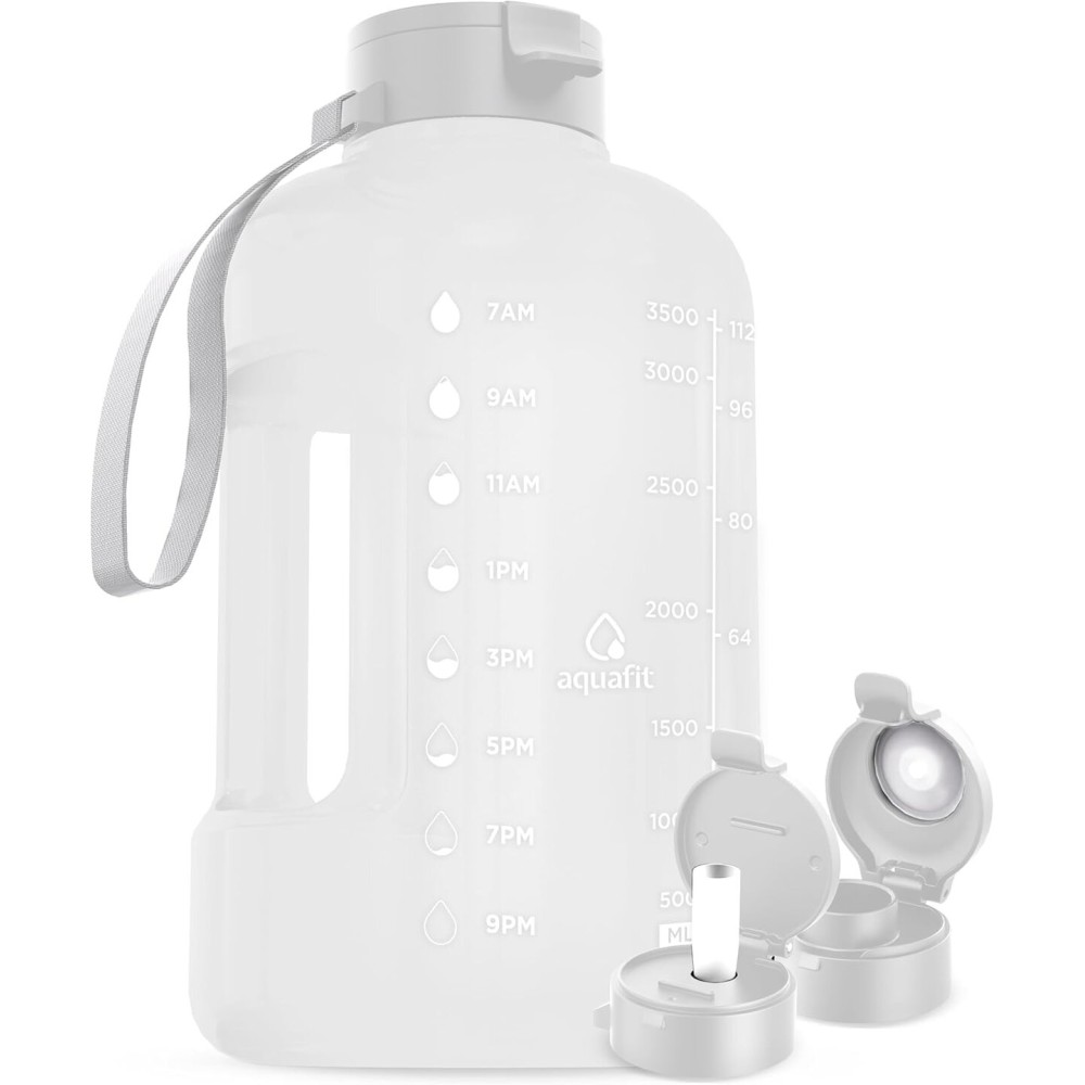 AQUAFIT 1 Gallon Water Bottle with Time Marker - Straw & Chug Lid - BPA Free Gym Water Bottle with Straw - Big Gallon Jug (Frosty, 128 oz - 2 Lids)
