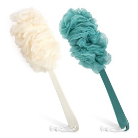2Pack Back Scrubber for ShowerPIPUHA Loofah Sponge Shower Brush Using Body Exfoliating with Long Handle, Loofah on a Stick for Men Women, Bathing Accessories for Body Brushes (Blue and White)