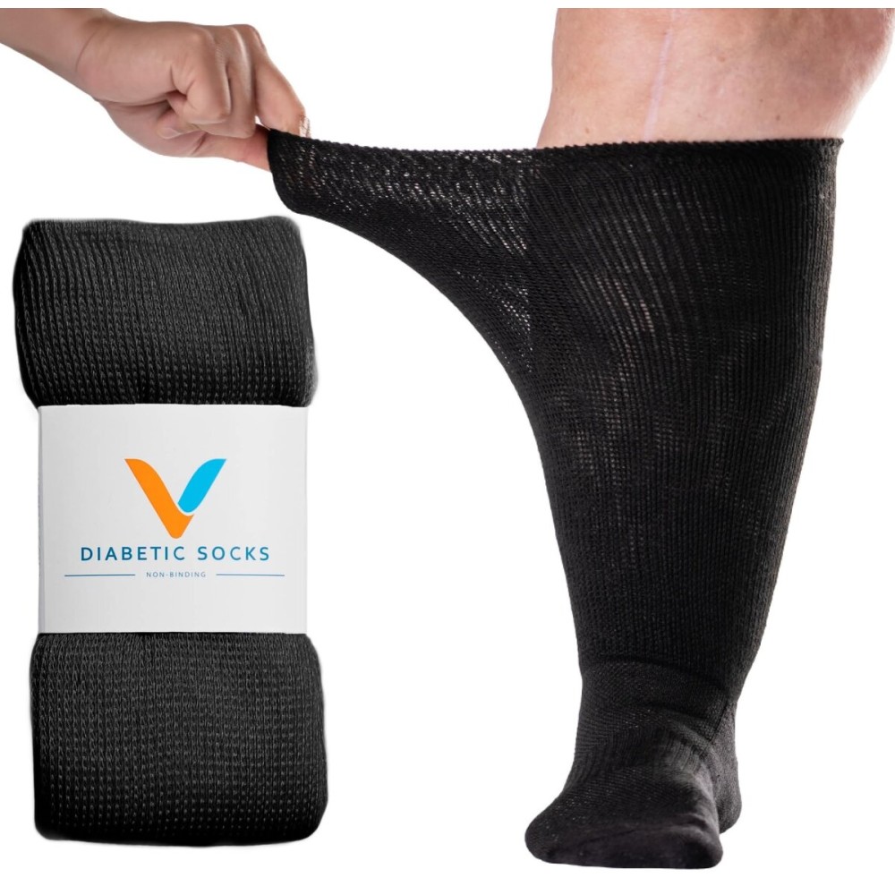 Viasox EasyStretch Diabetic Socks for Men & Women, Non Binding Top, Seamless Toe, Loose Fit (Black, Medium)