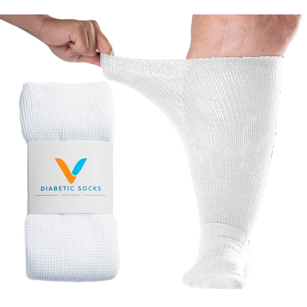 Viasox EasyStretch Diabetic Socks for Men & Women, Non Binding Top, Seamless Toe, Loose Fit (White, Large)