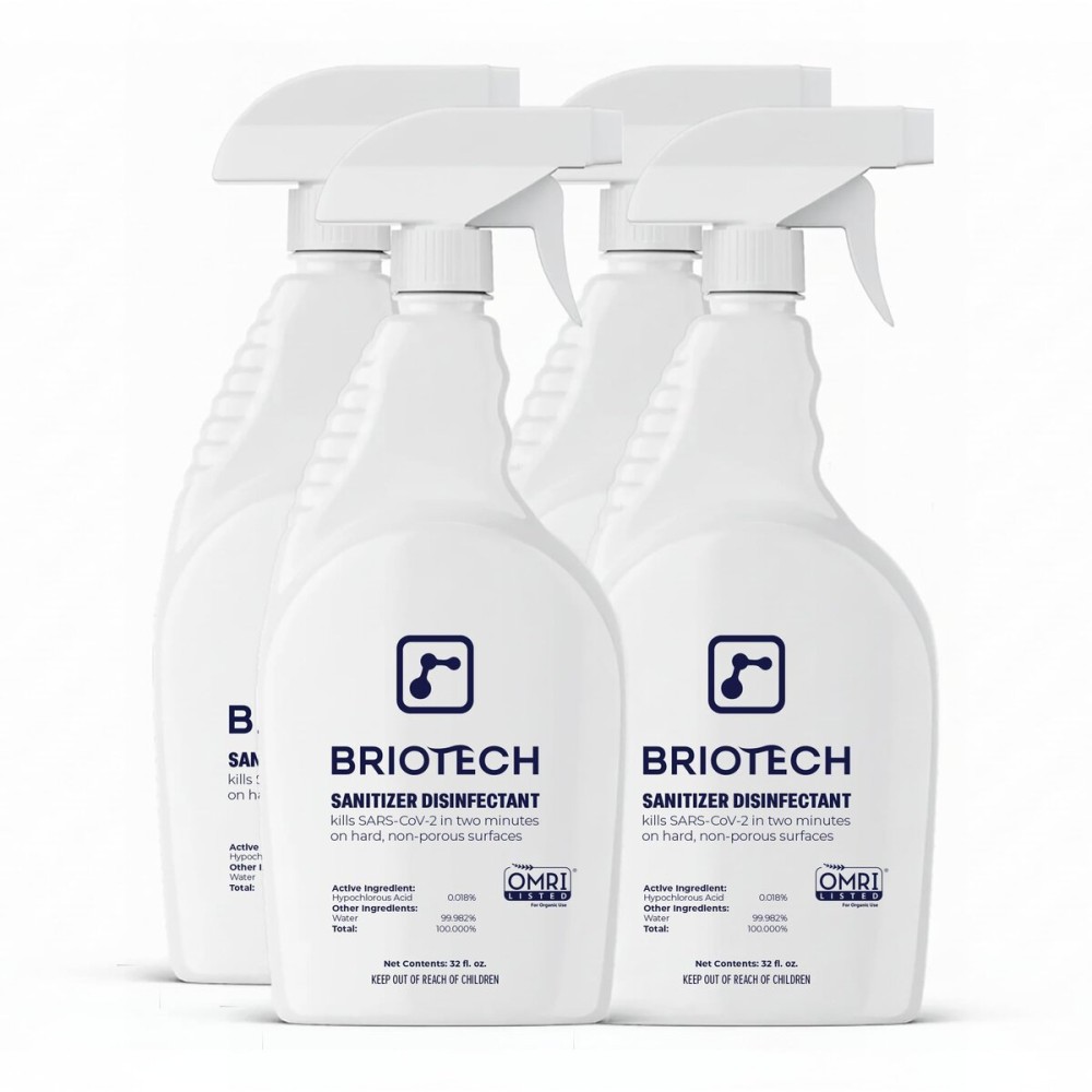 BRIOTECH Sanitizer Disinfectant Hypochlorous Spray, Kill 99.99% of Viruses & Bacteria, Control Mold, Eliminate Odor, Gentle for Nursery & Play Rooms, Food Contact Surface Sanitizer, 32 fl oz (4 Pack)