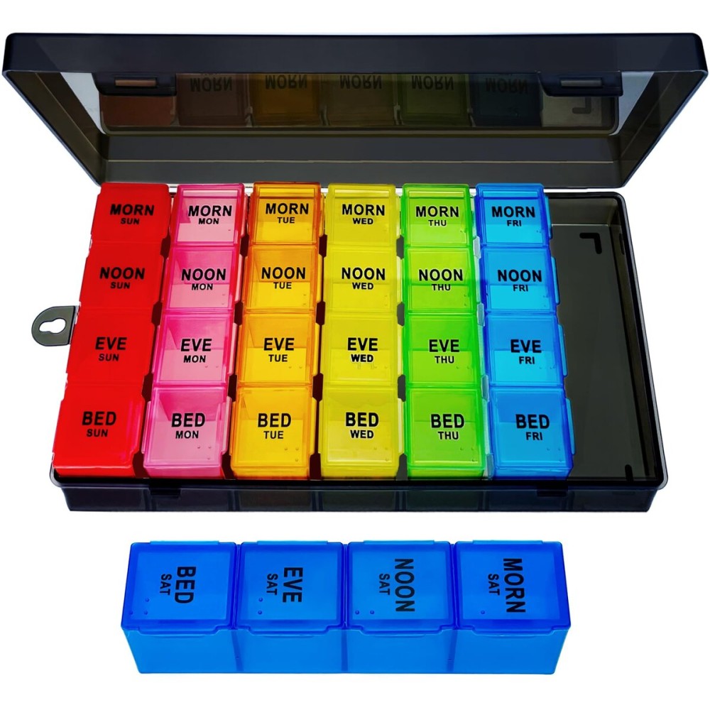 ZVZM Weekly Pill Organizer 4 Times a Day, Large Medicine Organizer, Pill Box 7 Day 28 Compartment, Portable Travel Pill Container Case for Vitamin and Supplement (Color)
