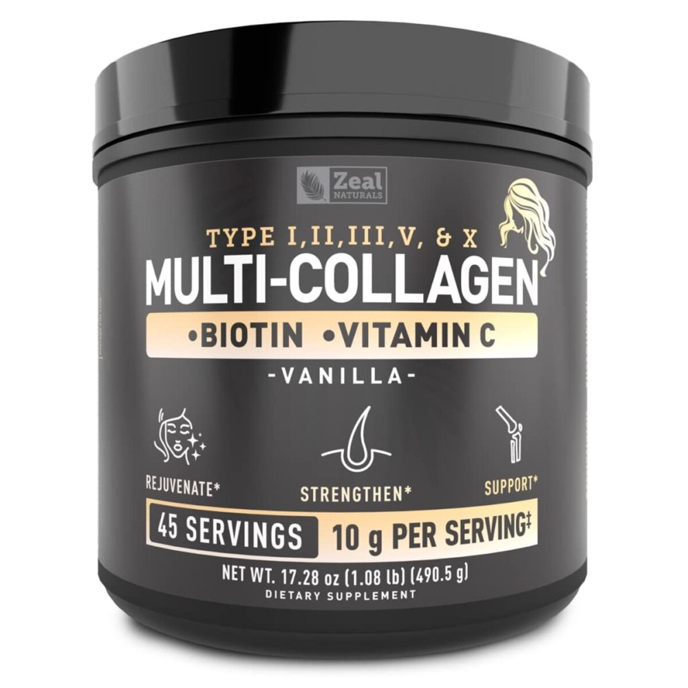 Premium Multi Collagen Peptides Powder (1, 2, 3, 5 & 10) with Protein. Vitamin C, Biotin, Hyaluronic Acid, for Hair Skin and Nails - Marine, Bovine, Chicken & Eggshell (Vanilla, 45 Servings)