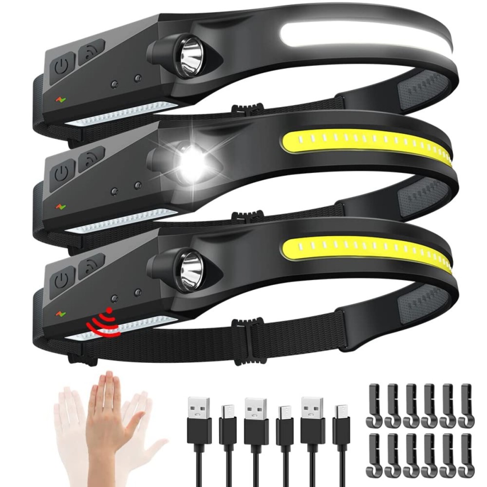 Rechargeable Headlamp 3PCS, 230 Wide Beam Head Lamp, Motion Sensor LED Headlamp Rechargeable, 5Mode Bright Headlamps for Adults, Head Lights for Forehead, Hard Hat Headlight, Camping Essentials Gear
