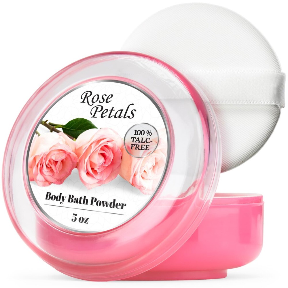 R-NEU Body Powder for Women with Powder Puff, 100% Talc-Free, Elegant Rose Petals Scented Dusting Powder, After Bath for Soft Skin, Extra Large, 1 Pack (5oz)