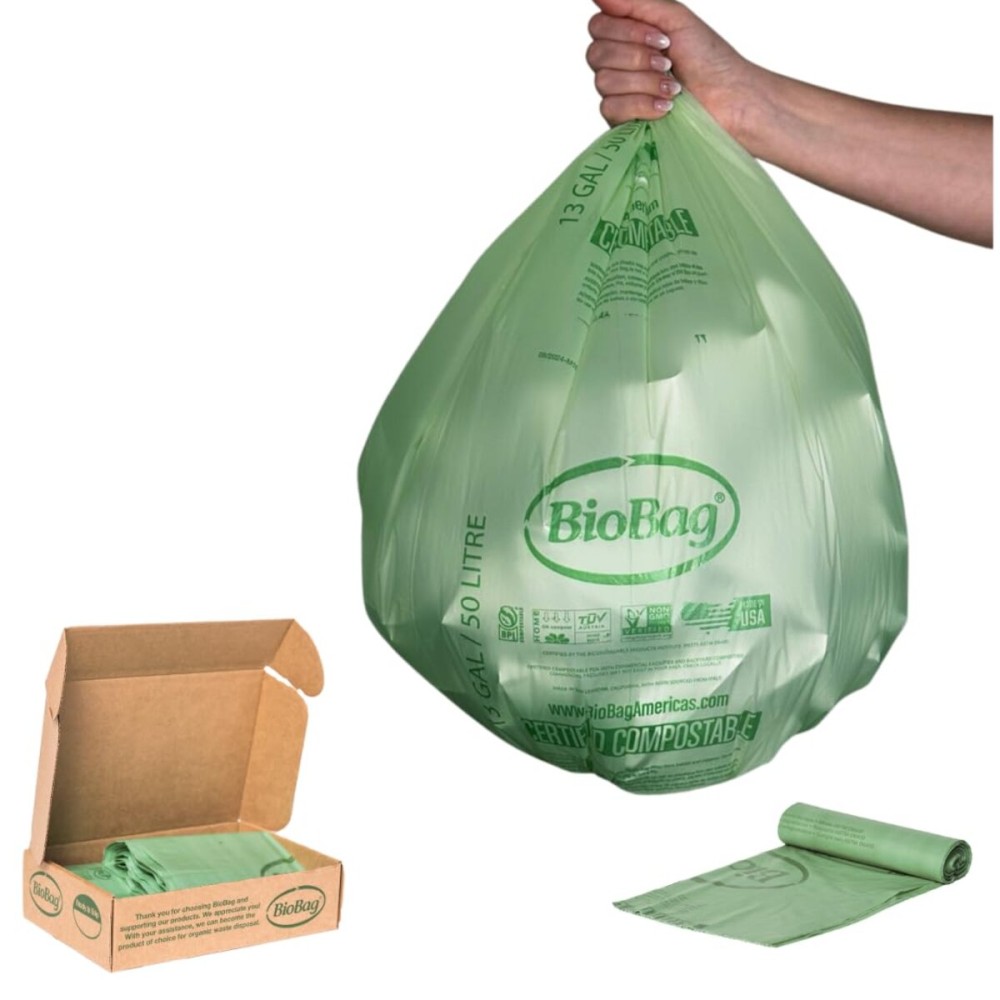 13 Gallon Tall Compostable Thick Trash Bags by BioBag, 30 Count, BPI Certified, Meets ASTM D6400 Standards, Made in USA, Strong Kitchen Bin Liners
