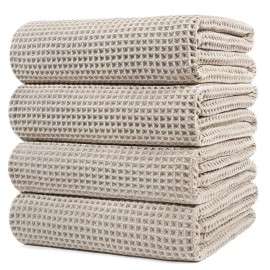POLYTE 430 GSM Microfiber Oversize Quick Dry Lint Free Bath Towel, 60 x 30 in, 4 Pack (Waffle Weave)