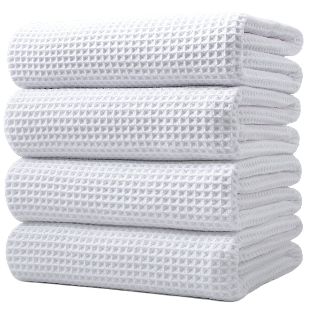 POLYTE 430 GSM Microfiber Oversize Quick Dry Lint Free Bath Towel, 60 x 30 in, 4 Pack (Waffle Weave)