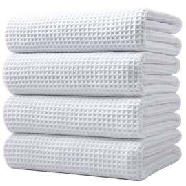 POLYTE 430 GSM Microfiber Oversize Quick Dry Lint Free Bath Towel, 60 x 30 in, 4 Pack (Waffle Weave)