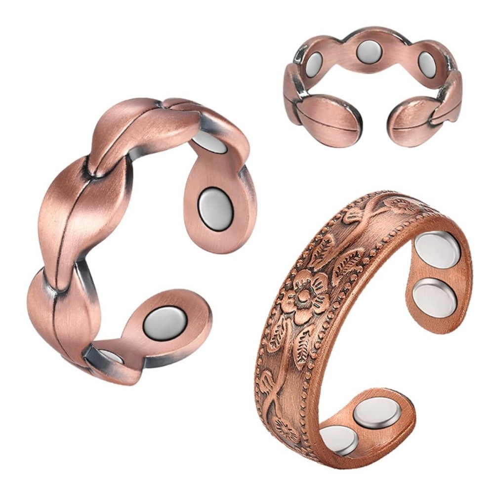 Vicmag Copper Magnetic Ring for Women, Magnetic Rings Ladies Fingers Thumb 100% Solid Pure Copper Jewelry Gift Adjustable (Rose Gold+Copper Flower)