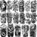 77 Sheets Temporary Tattoo, Half Arm Realistic Lion Wolf Owl Elk Snake Butterfly Rose Fake Tattoos for Girls Boys, Waterproof Temporary Tattoos for Women Men Adults Chest Shoulder Neck Hand
