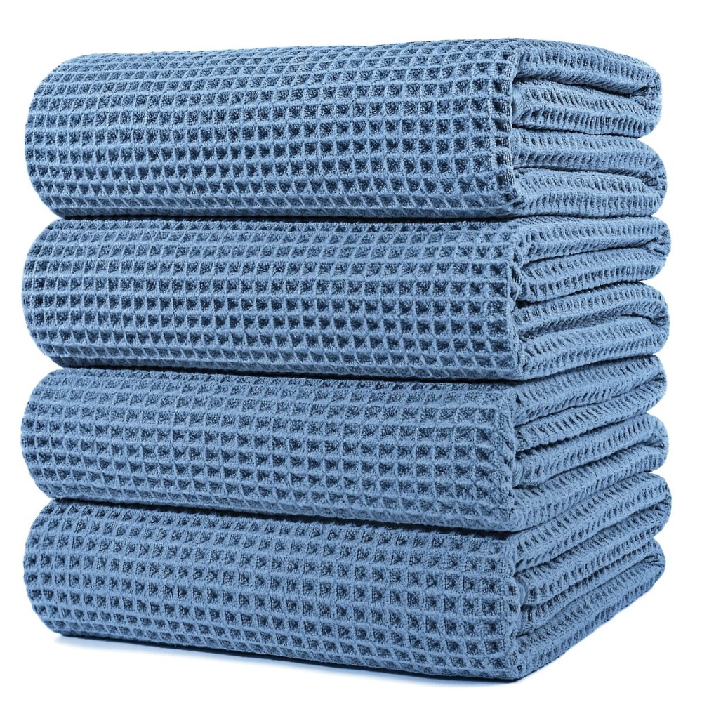 POLYTE 430 GSM Microfiber Oversize Quick Dry Lint Free Bath Towel, 60 x 30 in, 4 Pack (Waffle Weave)