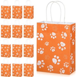 Blulu 20 Pcs Puppy Dog Paw Gift Bags with Paper Twist Handles, Dog Gift Paper Paw Treat Goodie Bags for PET Treat Party Favor, 6.3 x 3.1 x 8.6 Inch(Orange Backing)