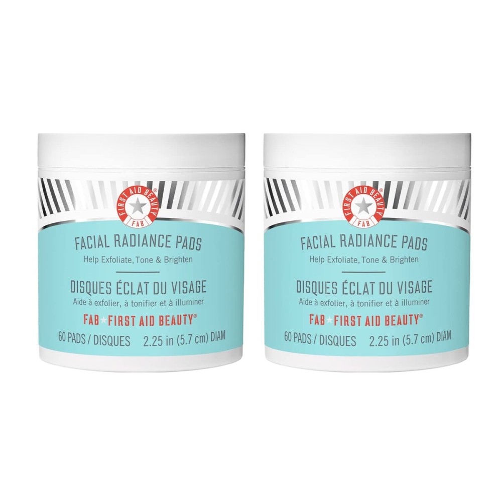 First Aid Beauty - Facial Radiance Pads with Glycolic & Lactic Acids, Daily Exfoliating Pads with AHA, Visibly Smaller Pores, Help Tone & Brighten Skin, One-Step Makeup Prep, Compostable, 60, 2ct