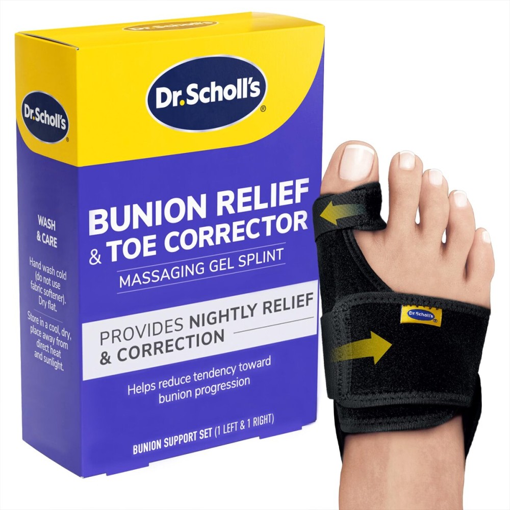 Dr. Scholl\'s BUNION RELIEF & TOE CORRECTOR // Massaging Gel Bunion Splint & Big Toe Straightener - Orthopedic Bunion Corrector for Women & Men - Bunion Pads for Bunion Pain Relief, 1 Support Set (Left & Right)