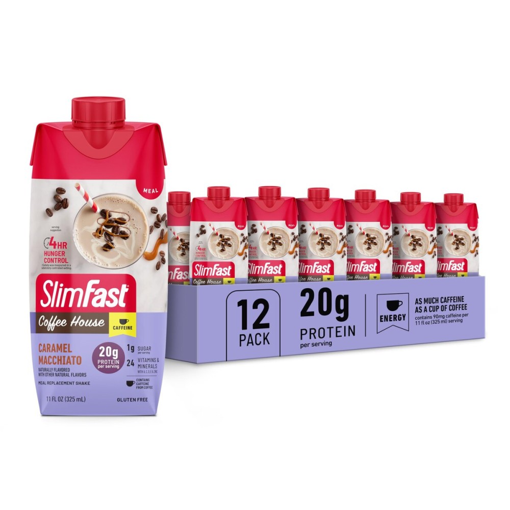 SlimFast Protein Shake with Caffeine, Caramel Macchiato- 20g Protein, Meal Replacement Shakes, High Protein with Low Carb and Low Sugar, 24 Vitamins and Minerals, 12 Count (Pack of 1)