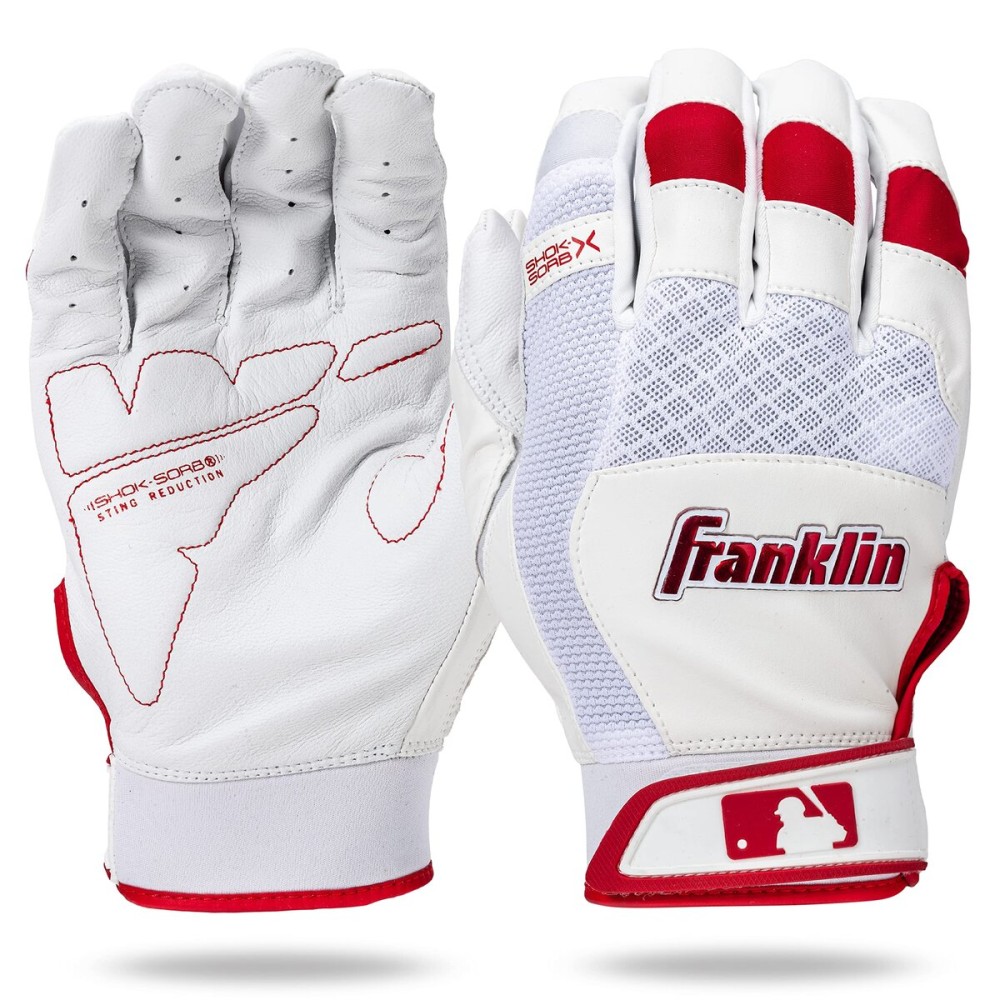 Franklin Sports MLB Baseball Batting Gloves - Shok-Sorb X Batting Gloves for Baseball + Softball - Adult + Youth Padded Non-Sting Pair - White + Red Chrome - Adult Medium