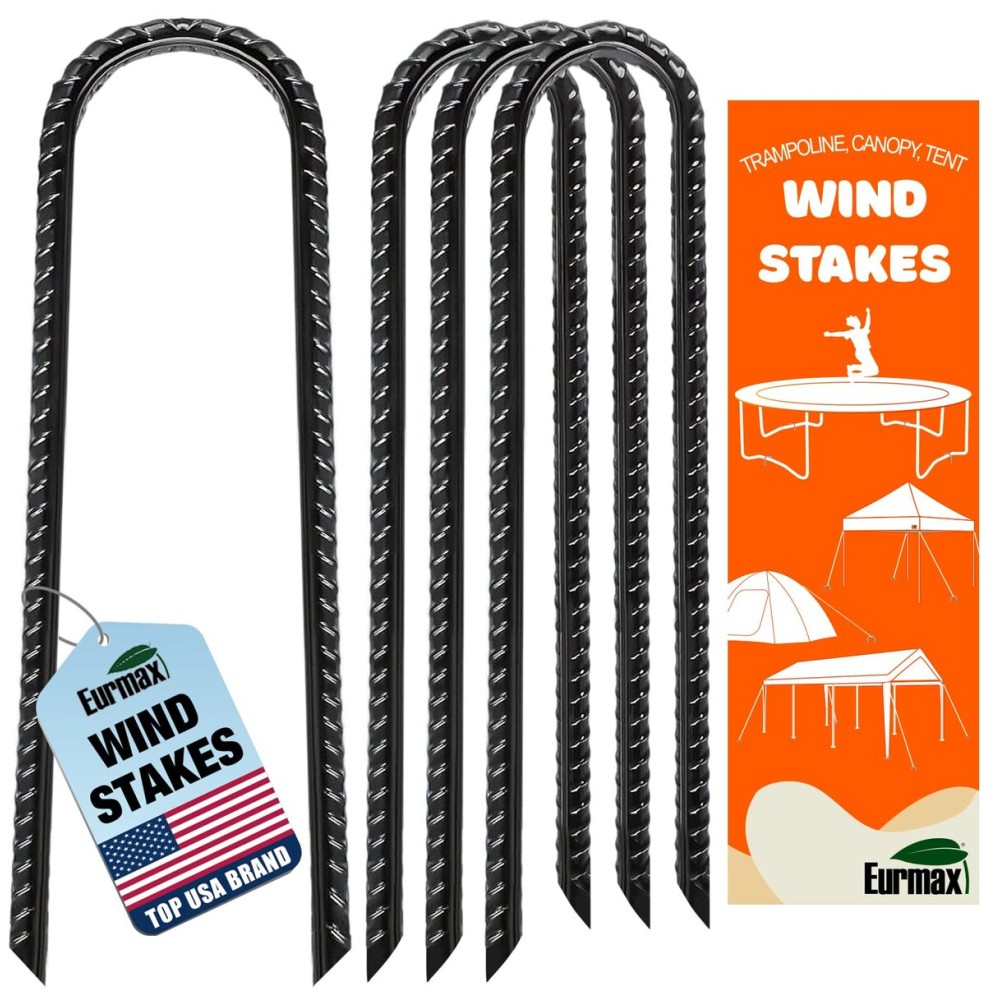 Eurmax USA U-Shaped-Rebar-Stakes-12-Inch, Ground Stakes Heavy Duty Trampoline Stakes Rebar Galvanized for Camping Tent Trampoline Accessories Dog Fence,Pack of 4(Black)