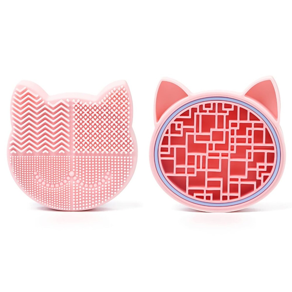 Silicon Makeup Brush Cleaner Mat with Portable Cat Shaped Cosmetic Brush Cleaner Pad - Pink