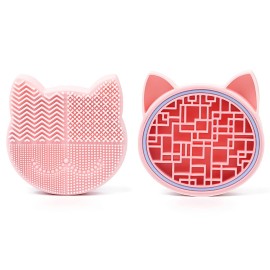 Silicon Makeup Brush Cleaner Mat with Portable Cat Shaped Cosmetic Brush Cleaner Pad - Pink
