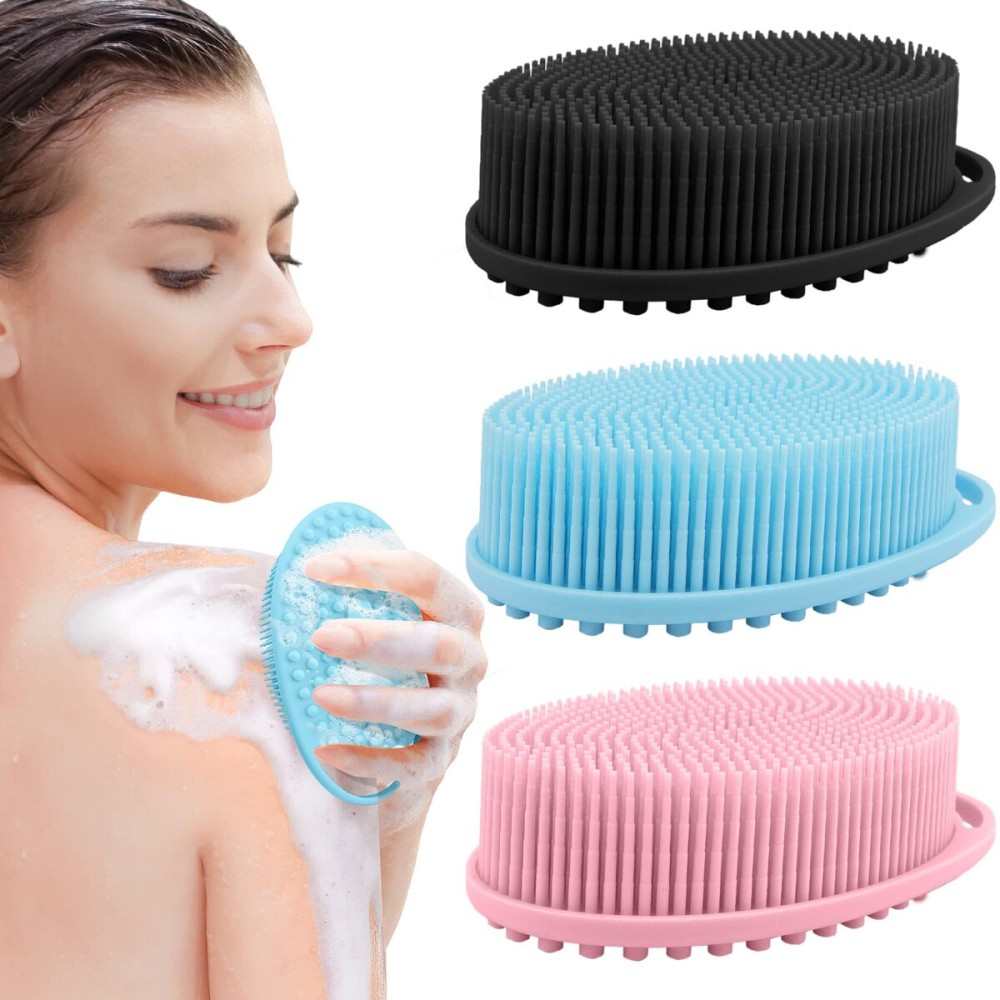 PQRUU 3 Pack Silicone Body Scrubber, Exfoliating Soft Loofah, Scrubber Fit for Sensitive and All Kinds of Skin, Clean Sanitary, Rapid Foaming Black+blue+pink