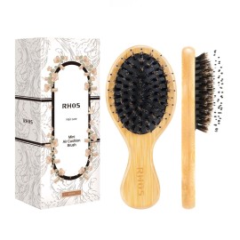 RHOS Mini Boar Bristle Hair brush for Women/Men/Kids-Small bamboo Paddle Brush for Smoothing/Detangling/Adding Shine-Travel Size bamboo Hair Brush for Pocket,Bag