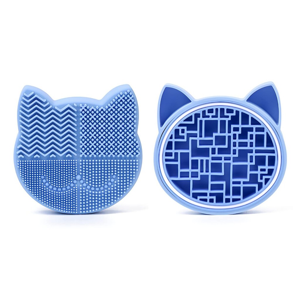 Silicon Makeup Brush Cleaner Mat with Portable Cat Shaped Cosmetic Brush Cleaning Pad Holder - Blue