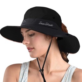 ZOORON 1 Pack Women\'s Ponytail Safari Sun Hat,Wide Brim UV Protection Outdoor Bucket Hat,Foldable Beach Summer Fishing Hat