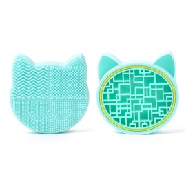 Silicon Makeup Brush Cleaner Mat with Portable Cat Shaped Cosmetic Brush Cleaning Pad Holder - Light Green