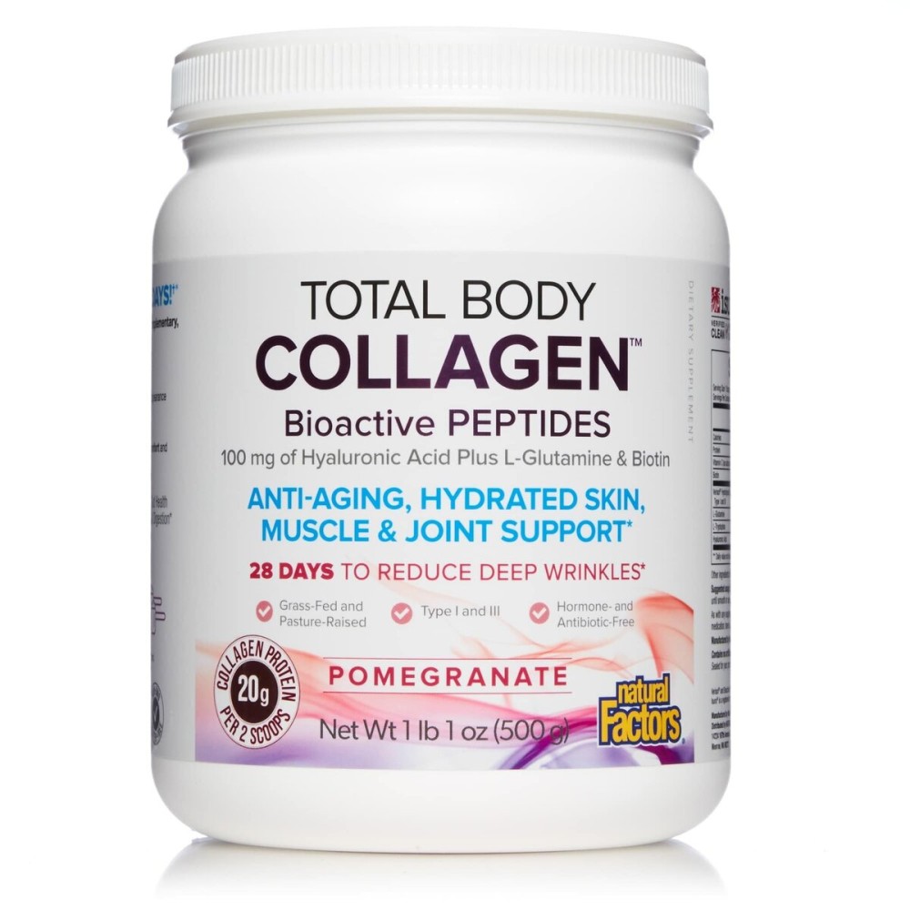 Natural Factors Total Body Collagen - Bioactive Collagen Supplement for Hair & Nail Growth Support - Healthy Skin Supplement with Protein, Vitamin C & More - Pomegranate, 500 g (38 Servings)