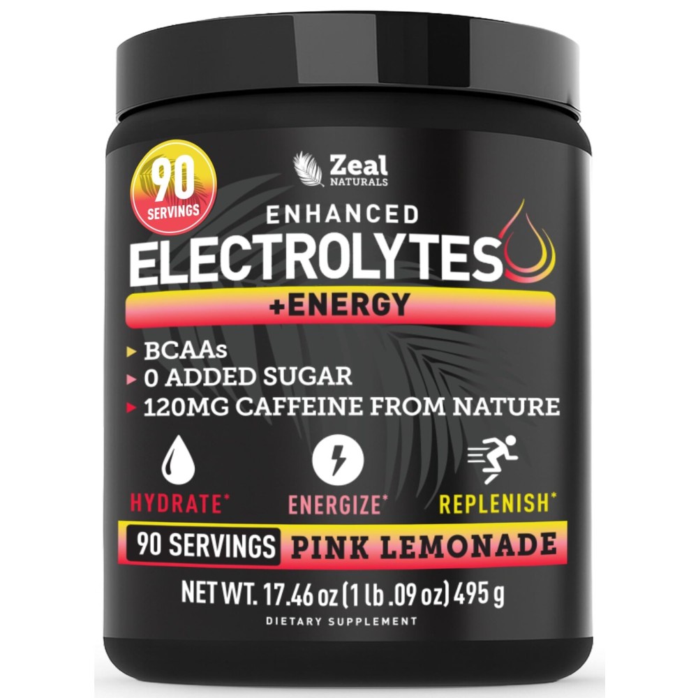 Zeal Electrolyte Powder - 90 Servings | Keto Electrolytes Powder | Zero Sugar, BCAAs, B-Vitamins | Potassium, Zinc, Magnesium | Hydration Powder Recovery Drink | Pink Lemonade