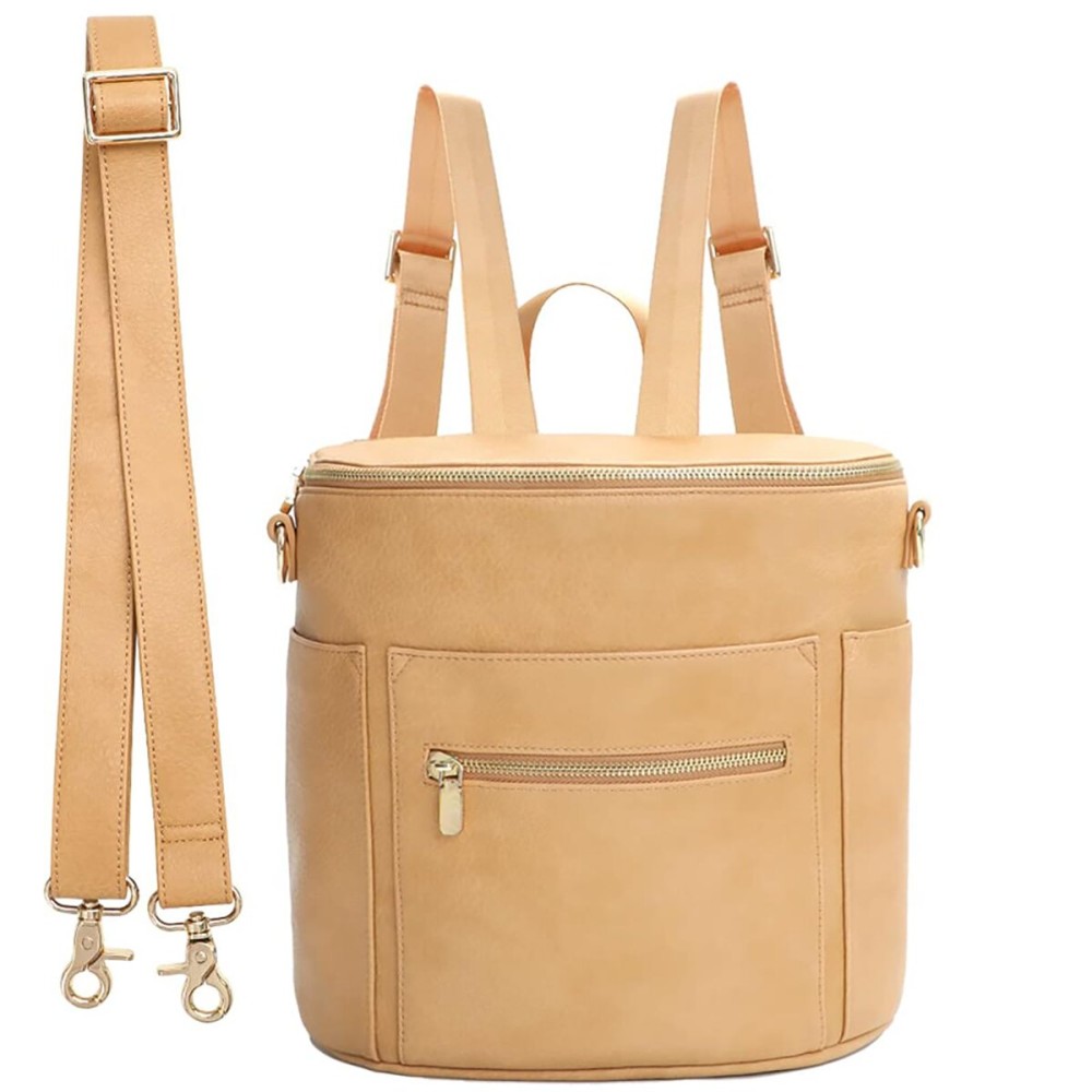 miss fong Small Diaper Bag Mini Diaper Bag, Leather Diaper Bag Backpack Mini Backpack with 14 Pockets Insulated Pockets & Shoulder Strap(Peanut)