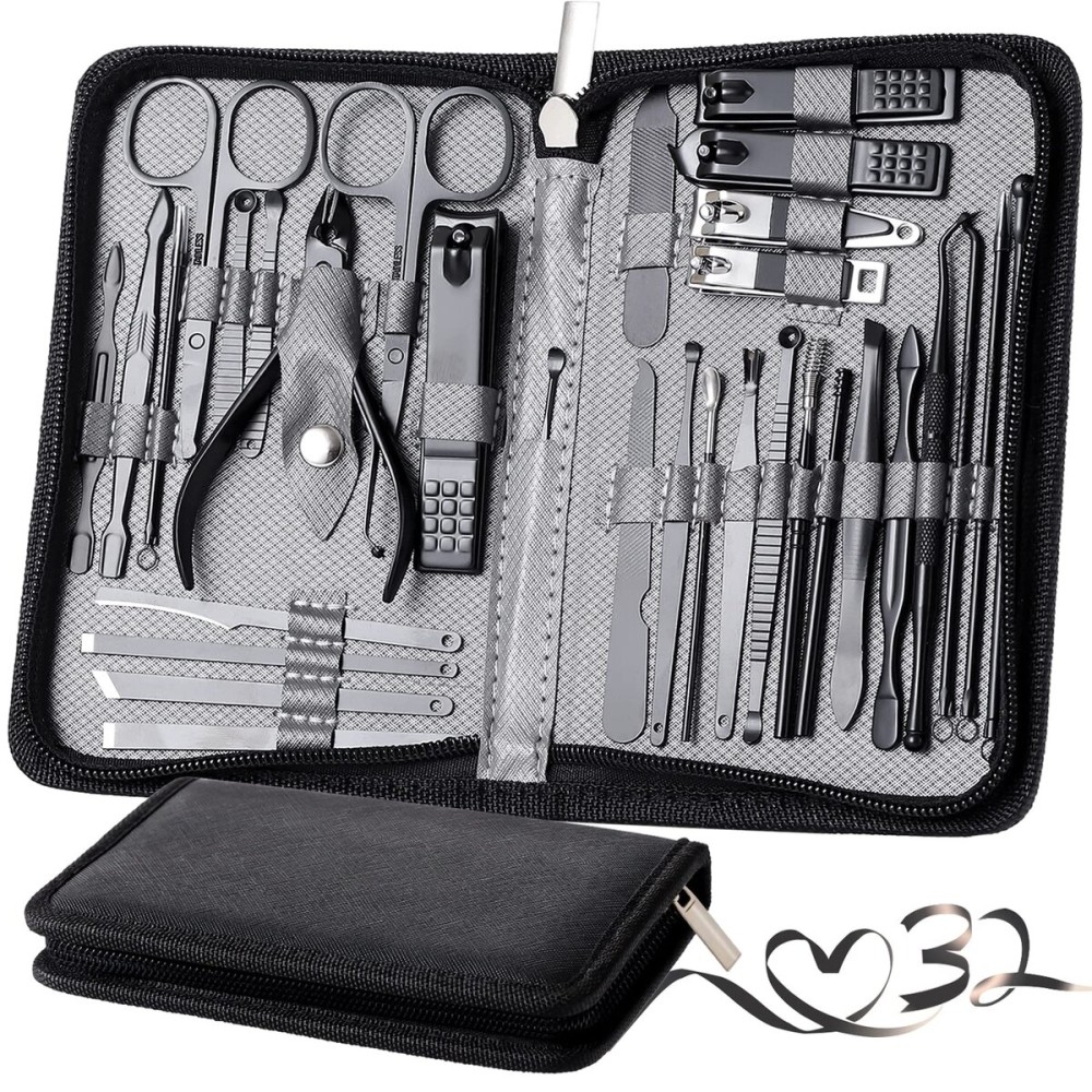 Manicure Set Pedicure Kit Womens Nail Clippers Set 32 in 1 Professional Grooming Care Tools Nail Kit Including Facial, Fingernails and Toenails Care with Travel Case Women (Gray_32 in 1)