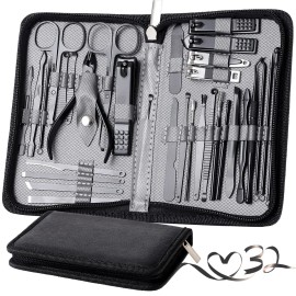 Manicure Set Pedicure Kit Womens Nail Clippers Set 32 in 1 Professional Grooming Care Tools Nail Kit Including Facial, Fingernails and Toenails Care with Travel Case Women (Gray_32 in 1)