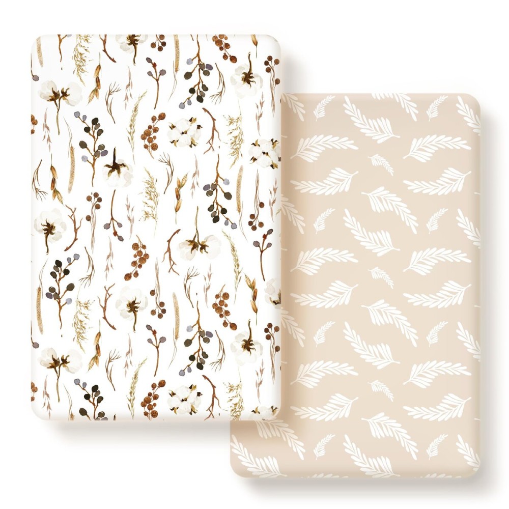 GRSSDER Stretchy Ultra Soft Jersey Knit Fitted Pack n Play Sheets Set 2 Pack, Neutral Portable/Mini Cribs Sheets, Fit Playards Mattress Pads Safe and Snug, Stylish Pretty Flora for Baby, Beige
