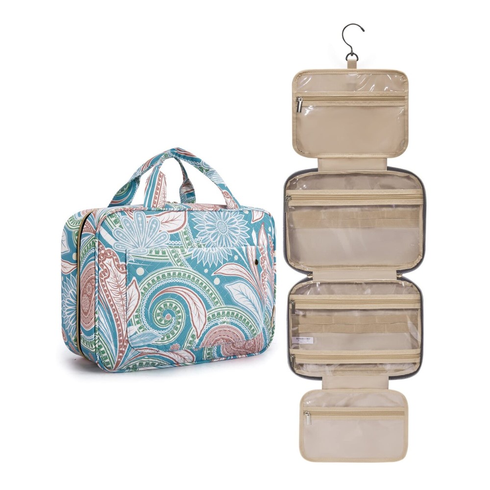 BAGSMART Toiletry Bag Travel Bag with Hanging Hook, Water-resistant Makeup Cosmetic Bag Travel Organizer for Accessories, Shampoo, Full Sized Container, Toiletries (Green Paisley, Large)