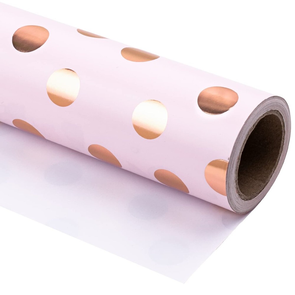 WRAPAHOLIC Pink Wrapping Paper Roll - Mini Roll - 17 Inch x 33 Feet - Rose Gold Foil Polka Dot Design for Birthday, Holiday, Wedding, Baby Shower