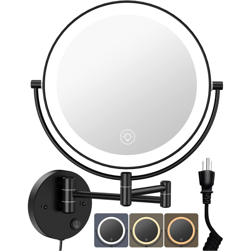 Benbilry 9 Large Wall Mounted Lighted Makeup Mirror, 1X/10X Magnifying Double-Sided AC Pulg-in Powered Bathroom Mirror with 3 Color Lights, Touch Dimmable, Extended Arm 360 Rotation, Black