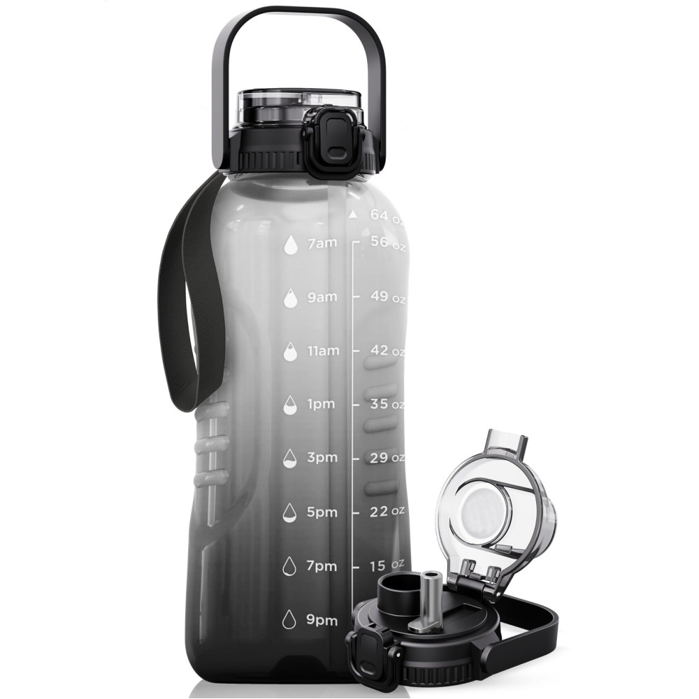 AQUAFIT 64 oz Water Bottle with Time Marker - 2in1 Straw & Chug Lid - BPA Free Big Water Bottle with Straw - Gym Water Bottle with Strap - Water Jug (64 Ounces, Midnight Gray)