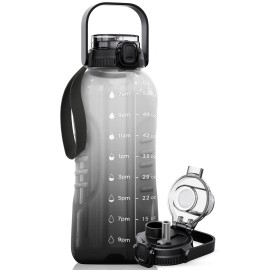 AQUAFIT 64 oz Water Bottle with Time Marker - 2in1 Straw & Chug Lid - BPA Free Big Water Bottle with Straw - Gym Water Bottle with Strap - Water Jug (64 Ounces, Midnight Gray)