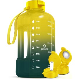 AQUAFIT 64 oz Water Bottle with Time Marker - Straw & Chug Lid - BPA Free Half Gallon Gym Water Bottle with Handle - Big Gallon Jug (Forest Fade, 64 Ounces)
