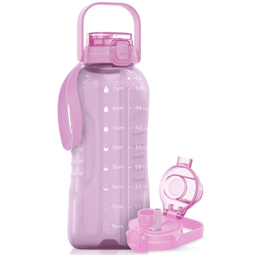 AQUAFIT 64 oz Water Bottle with Time Marker - 2in1 Straw & Chug Lid - BPA Free Big Water Bottle with Straw - Gym Water Bottle with Strap - Water Jug (64 Ounces, Purple Haze)