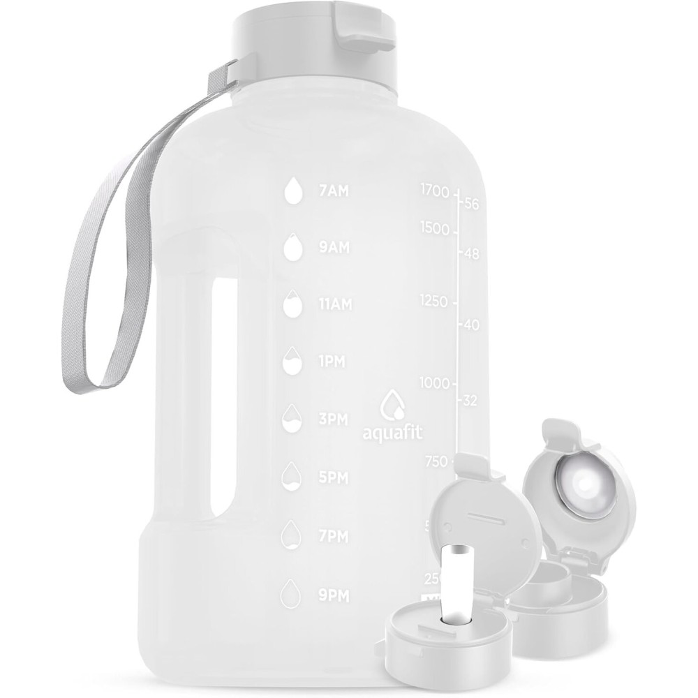 AQUAFIT 64 oz Water Bottle with Time Marker - Straw & Chug Lid - BPA Free Half Gallon Gym Water Bottle with Handle - Big Gallon Jug (White, 64 Ounces)