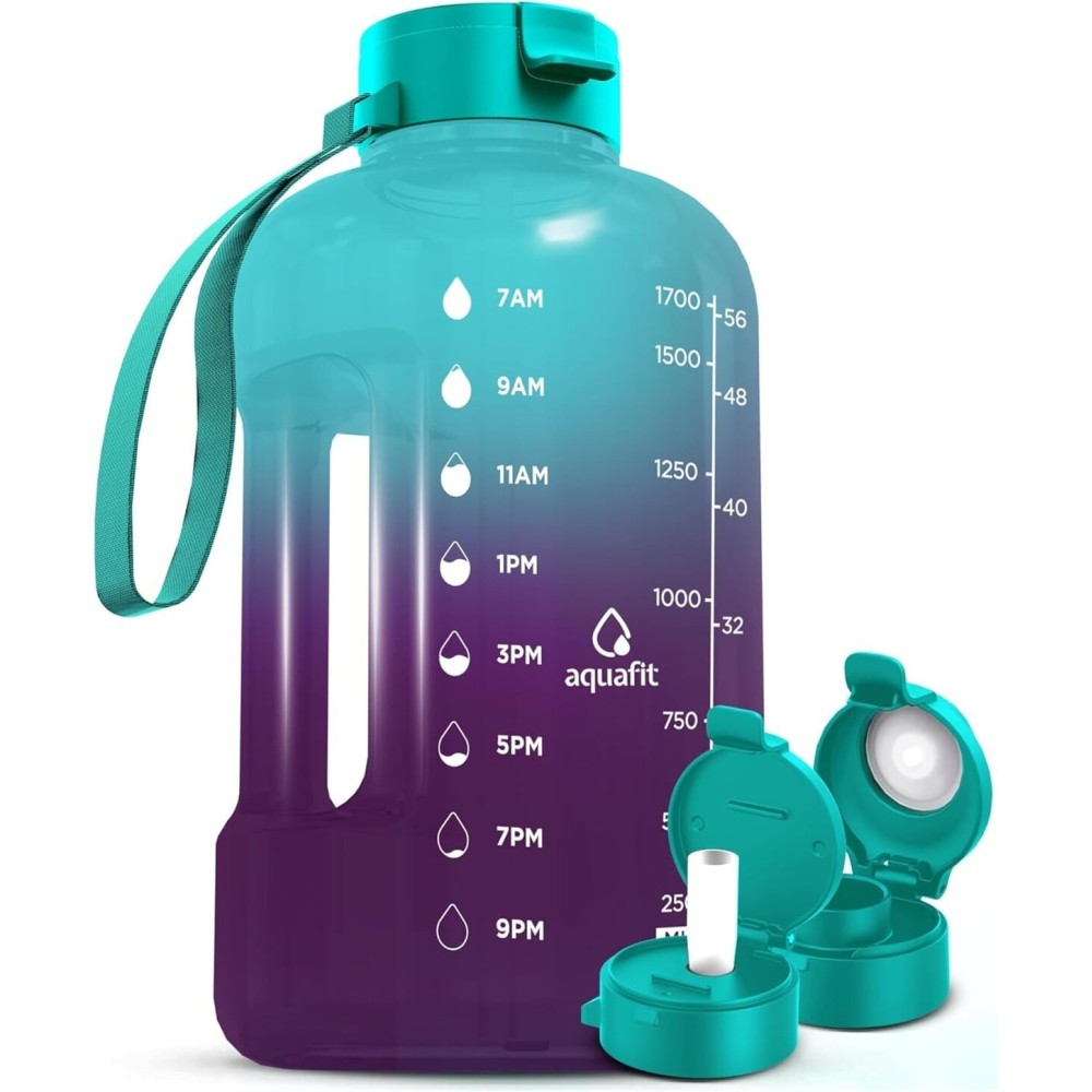 AQUAFIT 64 oz Water Bottle with Time Marker - Straw & Chug Lid - BPA Free Half Gallon Gym Water Bottle with Handle - Big Gallon Jug (Galaxy, 64 Ounces)