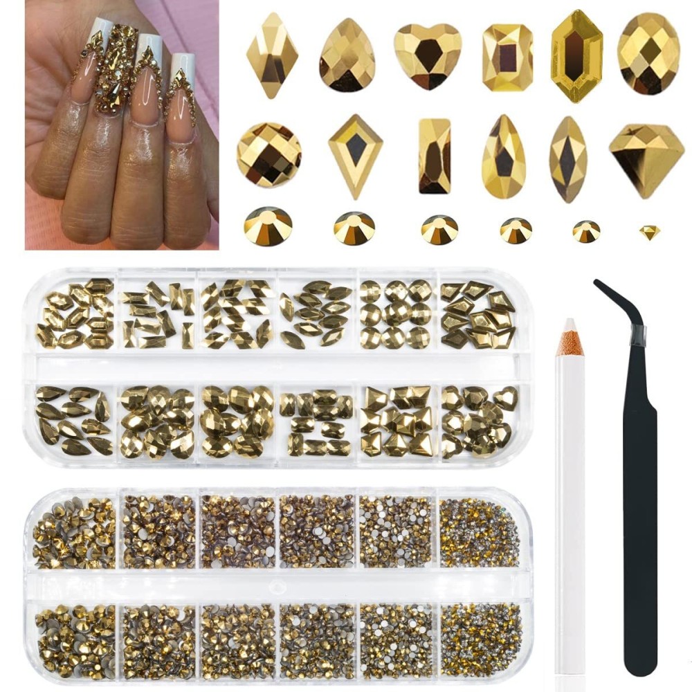 qiipii Old Golden Nail Rhinestones 120 Multi Shapes Flatback Gems K9 Glass Stones Metallic Gold Round Beads Diamonds Jewels Crystals w Pick Pen Charms for Nails Faces Eyes Makeup Crafts Clothes Shoes