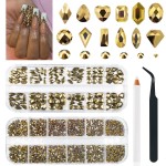 qiipii Old Golden Nail Rhinestones 120 Multi Shapes Flatback Gems K9 Glass Stones Metallic Gold Round Beads Diamonds Jewels Crystals w Pick Pen Charms for Nails Faces Eyes Makeup Crafts Clothes Shoes
