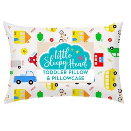 Little Sleepy Head Toddler Pillow with Pillowcase 13x18 - Kids Pillow for Sleeping - Better Neck Support Ergonomic Pillow and Toddler Pillowcase - Best Pillows for Kids(Trucks \'N Cars)
