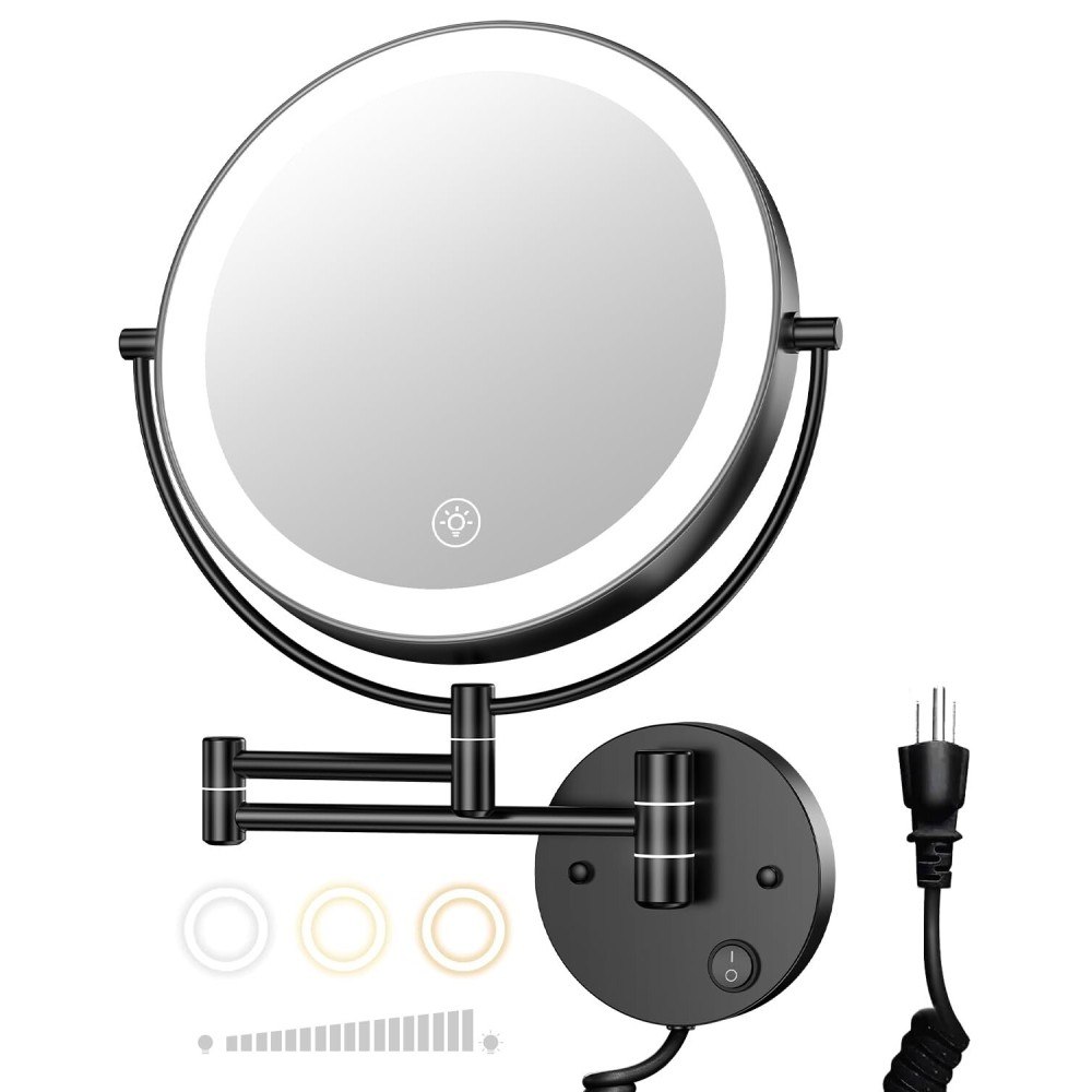 Gospire 9 Wall Mounted Lighted Magnifying Mirror, 1X/10X Magnification Double-Sided LED Bathroom Mirror, 3 Color Lights & Stepless Dimming with Touch Sensor, Extendable Arm 360 Swivel for Shaving