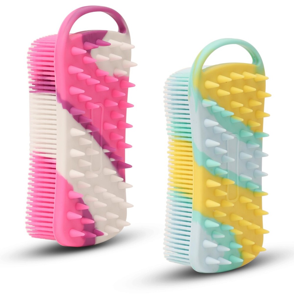 2 PC Silicone Body Scrubber, 2 in 1 Exfoliating Shower Bath Scrubber, Soft Silicone Loofah for Sensitive Skin, Shower Hair Scalp Massager, Easy to Clean, Lather Well (Purple & Yellow)